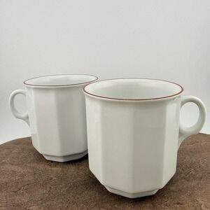 Vintage Porsgrund Norway Octavia Red Rim Coffee Tea‎ Cup Mugs 8oz Faceted Set